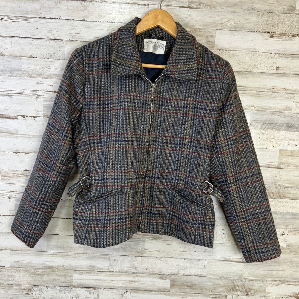 International Scene Vintage Plaid Zip Front Jacket Grey Blue Red Size 12 Russia